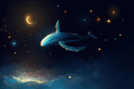 A fantasy scene of a glowing whale swimming through a star-filled sky with a crescent moon, rendered in stunning 4K Ultra HD for PC desktop wallpaper.