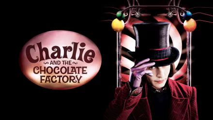 HD desktop wallpaper of Willy Wonka from the movie Charlie and the Chocolate Factory — hat‑tipping figure in a purple coat beside the film logo on a dark background.