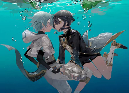HD PC desktop wallpaper featuring Xingqiu and Chongyun from the video game Genshin Impact, depicted underwater with bubbles surrounding them.