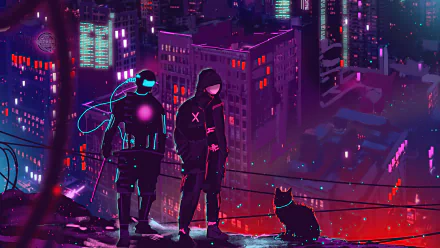A cyberpunk 4K Ultra HD desktop wallpaper featuring two futuristic figures and a glowing cat overlooking a neon-lit cityscape at night.