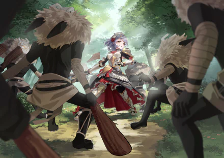 HD desktop wallpaper featuring Noelle from Genshin Impact, standing bravely in a forest surrounded by enemies, showcasing the vibrant video game art style.