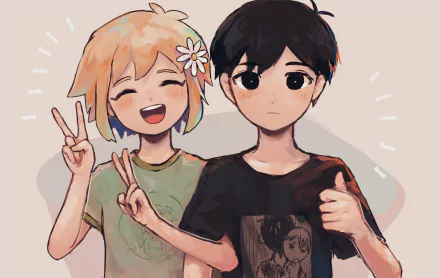 HD desktop wallpaper featuring Basil and Sunny from OMORI, both smiling with black eyes; Sunny gives a thumbs up while Basil flashes a peace sign with a blush.