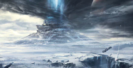 4K Ultra HD desktop wallpaper featuring a dramatic icy landscape from the movie The Wandering Earth, with futuristic structures and a stormy sky.