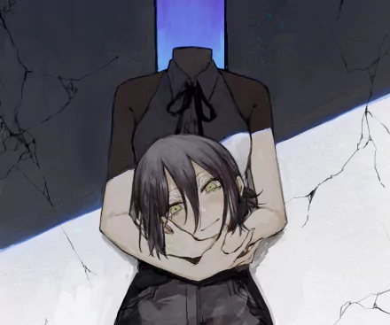 Reze (Chainsaw Man) with a haunting smile as a headless figure's arms cradle her neck over cracked floor — anime 2K Quad HD PC desktop wallpaper/background.