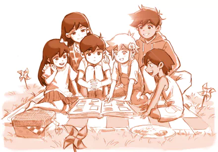 OMORI HD PC desktop wallpaper: Hero, Sunny, Mari, Basil, Kel and Aubrey sit on grass around a scrapbook in warm sepia tones — video game cast together for a nostalgic background.