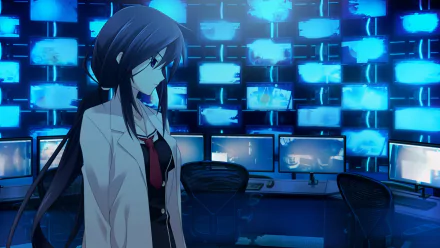 Mio Kunosato from the anime ChaoS;Child in a blue-lit room of monitors, wearing a school uniform — HD PC desktop wallpaper/background.