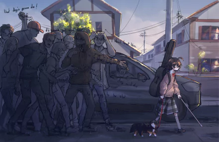 Anime girl with guitar case walks a dog through a quiet neighborhood as shadowy figures gather nearby in this detailed 4K Ultra HD PC desktop wallpaper.