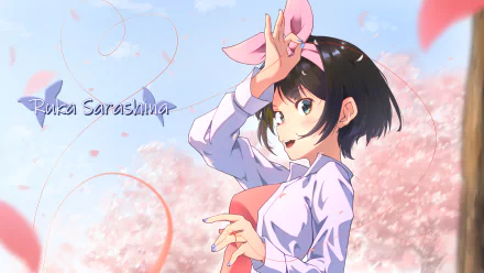HD anime desktop wallpaper featuring Ruka Sarashina from Rent-A-Girlfriend with short black hair, blue eyes, and a ribbon, set against a cherry blossom background.