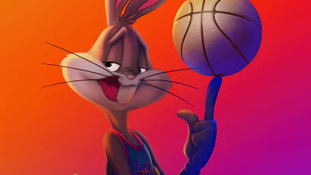 Bugs Bunny spins a basketball on his finger against a vibrant orange and purple gradient background from the movie Space Jam 2 in 8K Ultra HD quality.