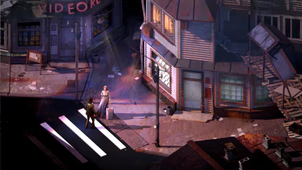 HD desktop wallpaper of Disco Elysium featuring characters in a dimly lit, moody street scene.