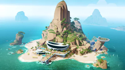 HD desktop wallpaper featuring a lair from Evil Genius 2: World Domination set on a tropical island.