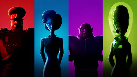 HD desktop wallpaper of Evil Genius 2: World Domination featuring silhouettes of four characters against a vibrant, multicolored background.