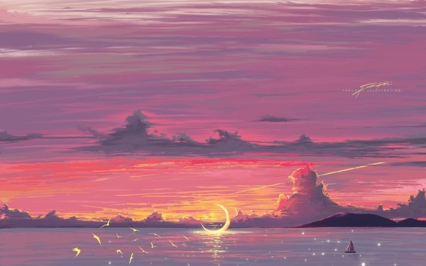 Anime Sky Landscape Moon Sunset Water HD Wallpaper | Background Image
