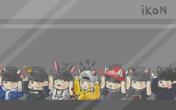 HD desktop wallpaper featuring an adorable animated rendition of the iKON band members with cute animal ears against a grey background.