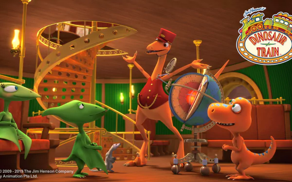 HD desktop wallpaper featuring characters from Dinosaur Train animated series in a vibrant, musical scene.