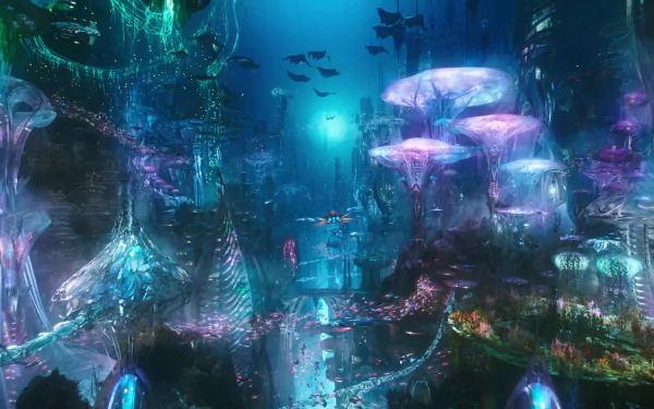 HD PC desktop wallpaper featuring an underwater cityscape from the Aquaman movie, showcasing vibrant marine life and glowing aquatic structures.
