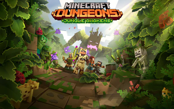 HD desktop wallpaper of Minecraft: Dungeons - Jungle Awakens, featuring game characters and lush jungle environment.