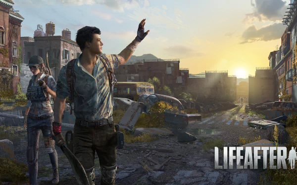 HD desktop wallpaper of LifeAfter game with characters in a post-apocalyptic setting, sun setting in the background.