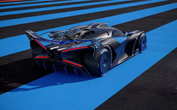HD desktop wallpaper featuring the Bugatti Bolide on a blue-striped race track background.