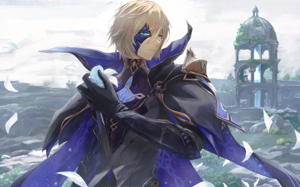 HD desktop wallpaper of Dainsleif from Genshin Impact, featuring his blonde hair, blue eyes, and detailed dark armor with a misty, ancient ruin background.