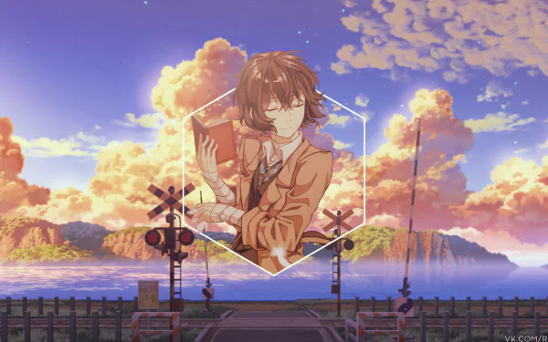 4K Ultra HD anime wallpaper featuring Osamu Dazai from Bungou Stray Dogs in a picture-in-picture frame against a vibrant, colorful sky background.