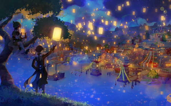 HD desktop wallpaper featuring Venti and Zhongli from Genshin Impact in Liyue at night, surrounded by floating lanterns and lit buildings, capturing the tranquil and festive atmosphere of the city.
