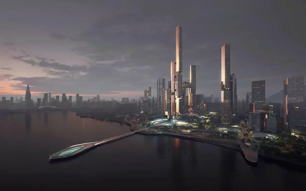 Futuristic sci-fi cityscape with towering skyscrapers by a river at dusk, rendered in 4K Ultra HD for a detailed PC desktop wallpaper background.