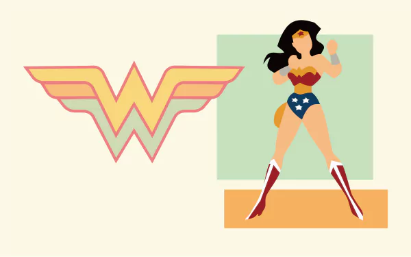 Minimalist Wonder Woman figure beside a stylized W logo in Justice League/DC Comics flat-color, comic minimalist design on geometric shapes — 8K Ultra HD PC desktop wallpaper and background.