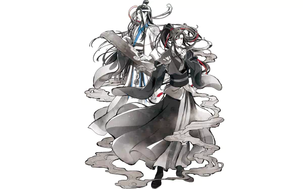 HD anime desktop wallpaper featuring Lan Wangji and Wei Wuxian from Mo Dao Zu Shi in dynamic poses with flowing robes and ethereal ribbons.