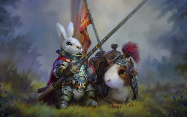 HD desktop wallpaper of a fantasy knight represented as a brave rabbit in full armor beside a guinea pig, against a misty forest background.