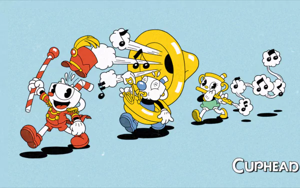 HD PC desktop wallpaper featuring Cuphead, Mugman, and Ms. Chalice from Cuphead: The Delicious Last Course in dynamic action against a light blue background.