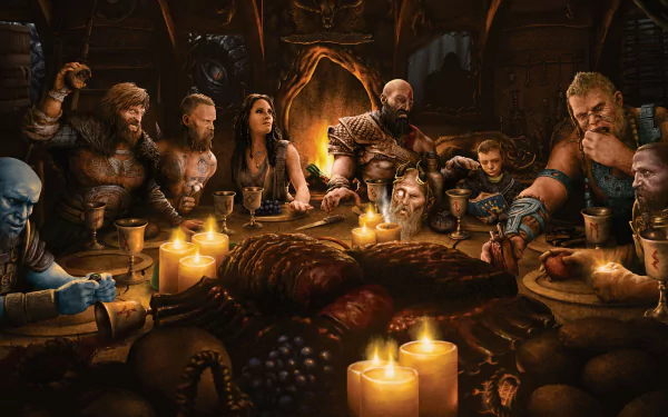 4K Ultra HD wallpaper featuring Atreus, Kratos, and characters from God of War (2018) gathered around a firelit table in a detailed video game scene.