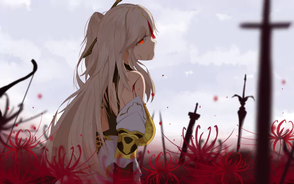 4K Ultra HD PC desktop wallpaper featuring Ningguang from the video game Genshin Impact, surrounded by red spider lilies and silhouetted swords in a misty landscape.