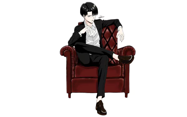 Levi Ackerman from Attack on Titan, dressed in a suit, sitting confidently on a red leather armchair, depicted in 4K Ultra HD anime style.