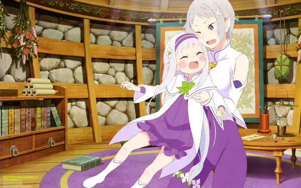Fortuna and Emilia (Re:Zero - Starting Life in Another World) anime 5K Ultra HD PC wallpaper: smiling Emilia embraces young Fortuna in a cozy stone-walled library, purple dresses and books.