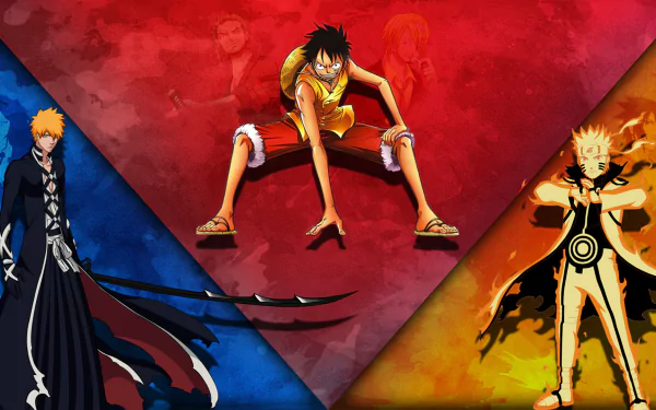 HD anime crossover wallpaper featuring Naruto Uzumaki, Monkey D. Luffy, and Ichigo Kurosaki in dynamic poses from Naruto, One Piece, and Bleach series.