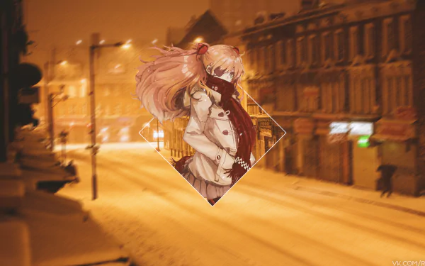 4K Ultra HD PC desktop wallpaper featuring Asuka Langley Sohryu from Neon Genesis Evangelion in a picture-in-picture style over a warmly lit snowy street scene.