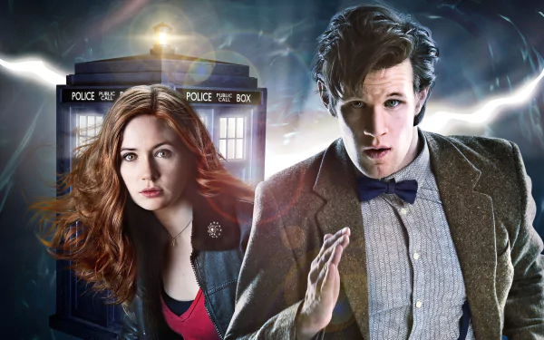 4K Ultra HD desktop wallpaper featuring Amy Pond (Karen Gillan) and the Eleventh Doctor (Matt Smith) from the TV show Doctor Who (2005) with the TARDIS in the background.