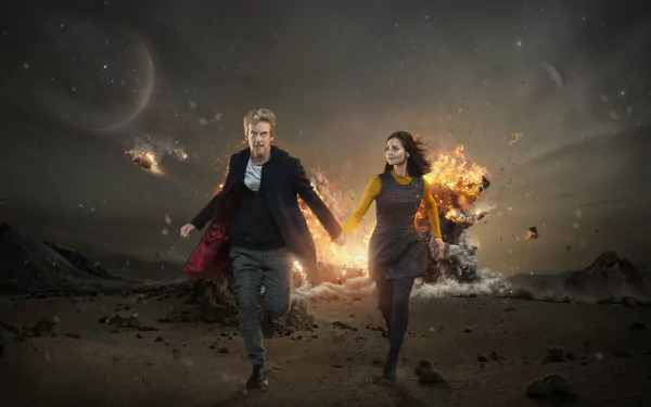 HD wallpaper of Doctor Who featuring Peter Capaldi and Jenna Coleman as the Doctor and Clara Oswald, running from an explosion on a barren extraterrestrial landscape.
