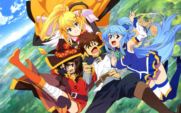 HD desktop wallpaper featuring characters Kazuma Satou, Darkness, Aqua, and Megumin from the anime KonoSuba: God’s Blessing on This Wonderful World!! against a vibrant, scenic background.