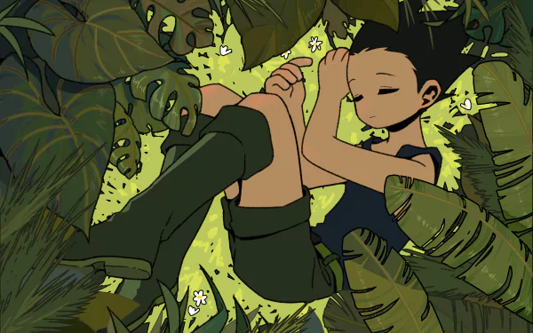 Gon Freecss (Hunter x Hunter) asleep, curled among large jungle leaves and small flowers — anime HD PC desktop wallpaper/background.