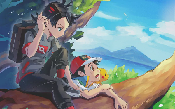 two-toned hair backpack blue eyes brown eyes cap black hair Pikachu Goh (Pokémon) Ash Ketchum Anime Pokemon HD Desktop Wallpaper | Background Image