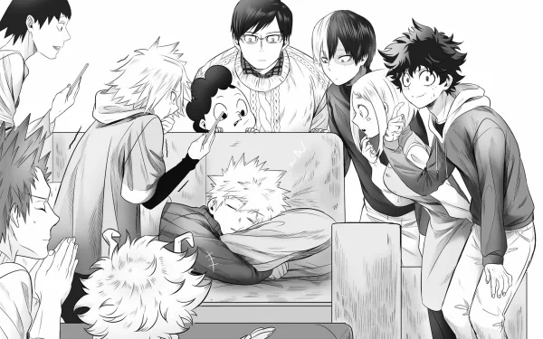 HD black-and-white My Hero Academia wallpaper featuring Sleeping Eijiro Kirishima surrounded by Tenya Iida, Ochaco Uraraka, Shoto Todoroki, Denki Kaminari, Hanta Sero, Katsuki Bakugou, and Izuku Midoriya.