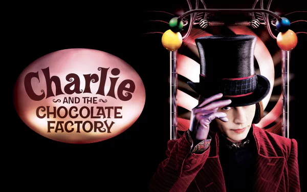 HD desktop wallpaper of Willy Wonka from the movie Charlie and the Chocolate Factory — hat‑tipping figure in a purple coat beside the film logo on a dark background.