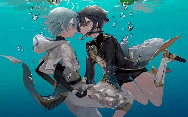 HD PC desktop wallpaper featuring Xingqiu and Chongyun from the video game Genshin Impact, depicted underwater with bubbles surrounding them.