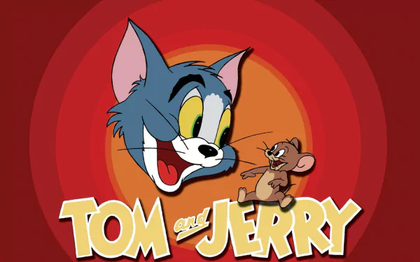 HD desktop wallpaper showcasing Tom and Jerry, featuring a cheerful Tom and a playful Jerry with the show's title in bold letters against a vibrant red background.