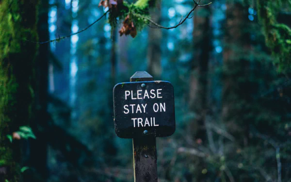 HD desktop wallpaper featuring a close-up of a Please Stay On Trail sign surrounded by a lush, green forest in the background.