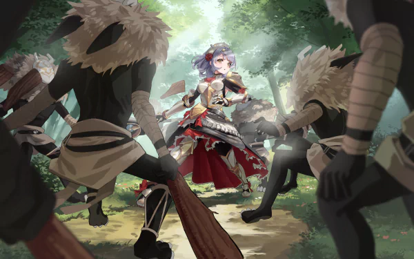 HD desktop wallpaper featuring Noelle from Genshin Impact, standing bravely in a forest surrounded by enemies, showcasing the vibrant video game art style.