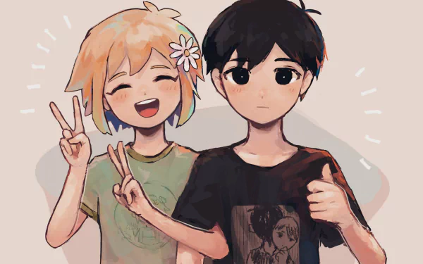 black eyes blush smile shirt peace sign black hair blonde Basil (Omori) Sunny (Omori) OMORI video game HD Desktop Wallpaper | Background Image