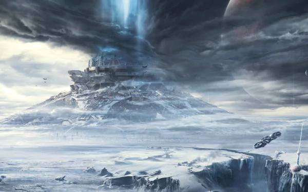 4K Ultra HD desktop wallpaper featuring a dramatic icy landscape from the movie The Wandering Earth, with futuristic structures and a stormy sky.
